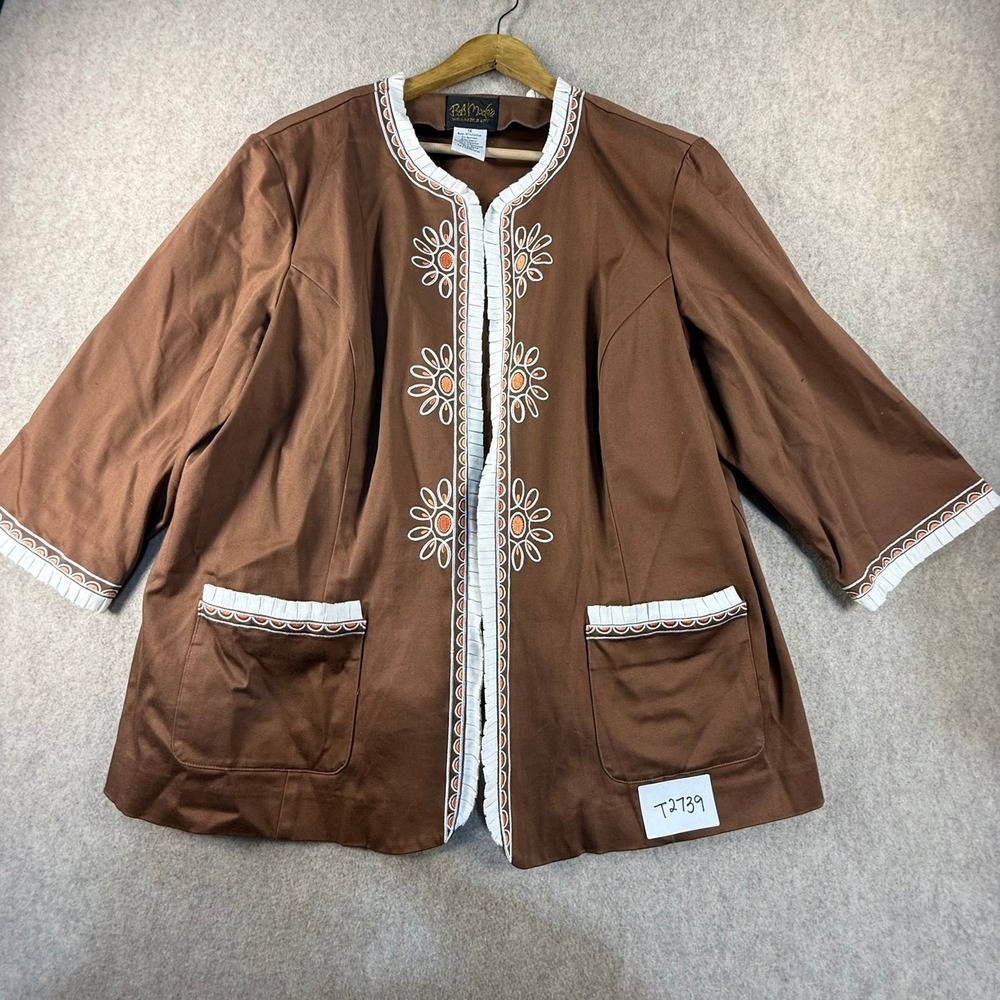 Bob Mackie Wearable Art Brown Embroidered Open Front Jacket Ruffle Trim 1X